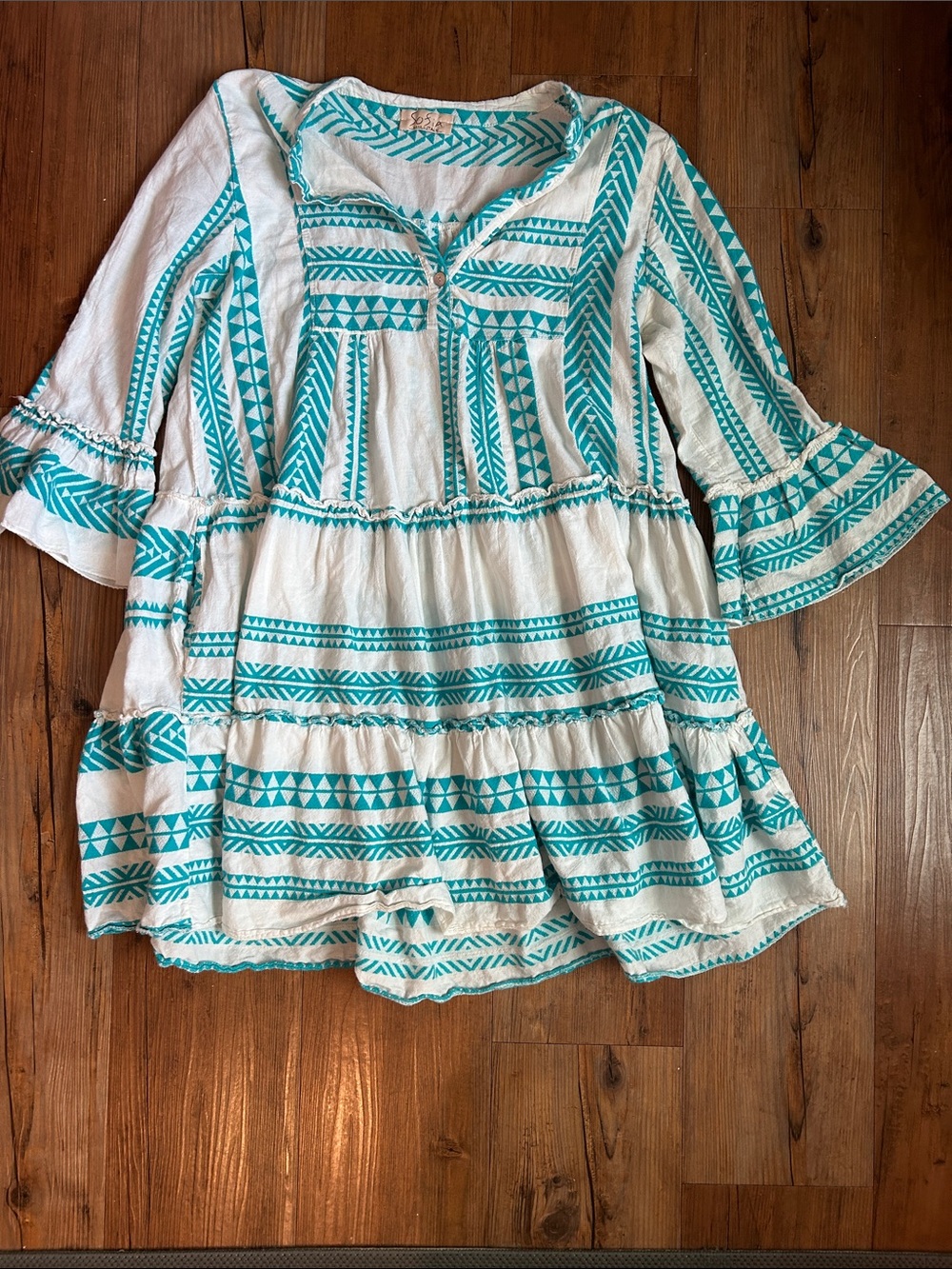 Mediterranean Embroidered White Tunic with Teal Geometric Print